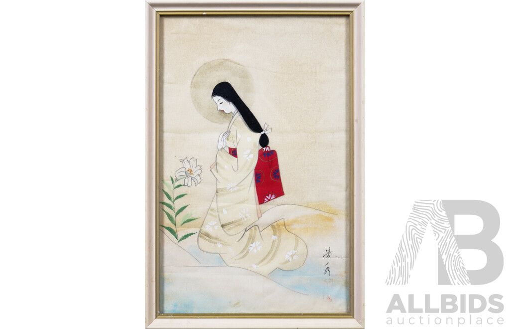 Mid-20th Century, Japanese Madonna Kneeling in Contemplation Prayer, Hand Painted Colour on Silk, 32 X 20 Cm (image)