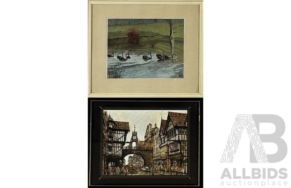 Winston Spencer Churchill, (Early-Mid 20th Century, British, 1874-1965), Black Swans at Chartwell, Reproduction Print of the Original Oil on Canvas From 1948 Alongside Framed Print of Eastgate, Chester (2)