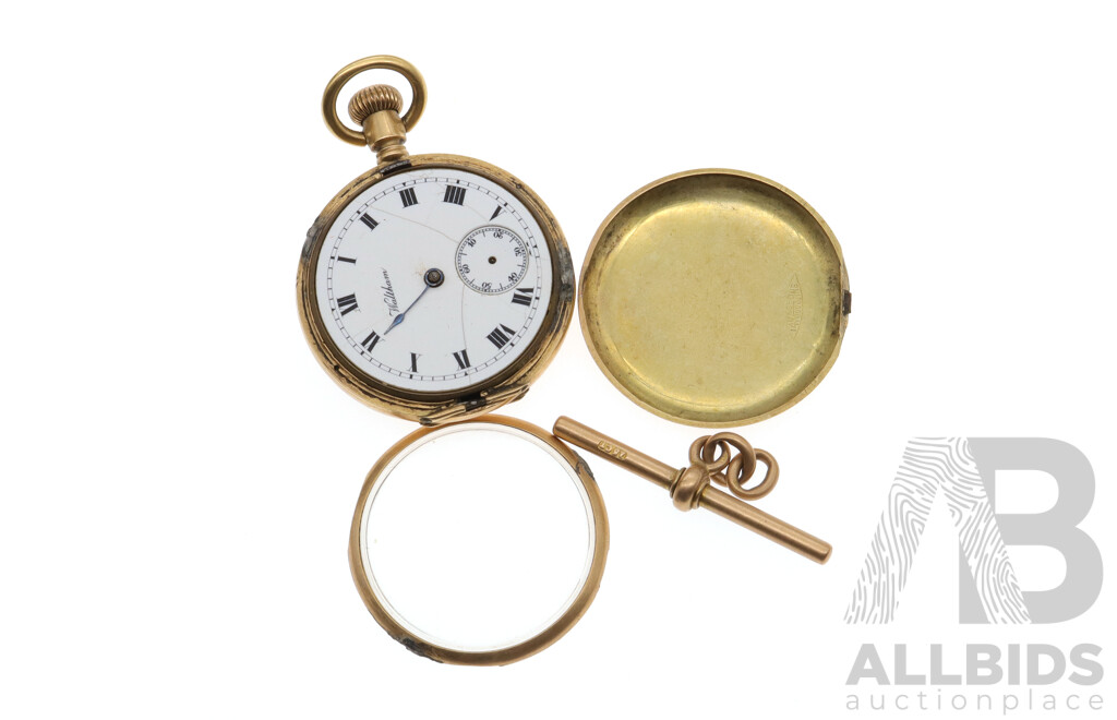 Antique 14ct Waltham 32mm Pocket Watch, Dated 1911, with 15ct Antique Fob Chain T-Bar, Total Weight 37.39 Grams