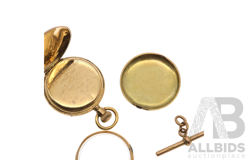 Antique 14ct Waltham 32mm Pocket Watch, Dated 1911, with 15ct Antique Fob Chain T-Bar, Total Weight 37.39 Grams