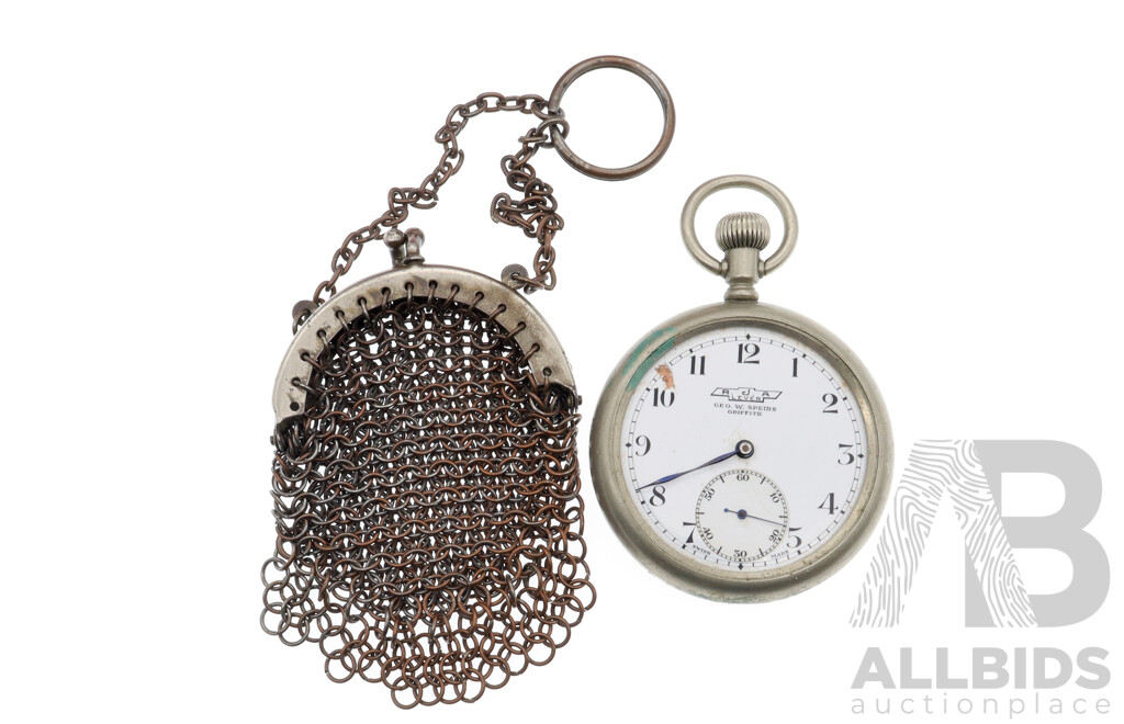 Silver GEO W Speirs Griffith Open Face Hunter Pocket Watch 62mm with Vintage Chain Mesh Purse