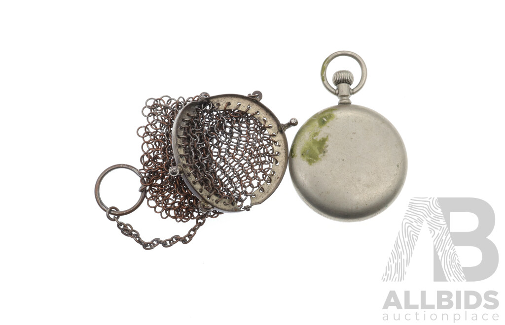 Silver GEO W Speirs Griffith Open Face Hunter Pocket Watch 62mm with Vintage Chain Mesh Purse