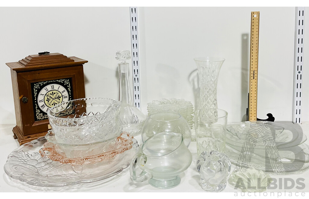 Collection of Cut Glassware Including Serving Platters, Bottles with Stoppers, Handmade Shell Decoration and More