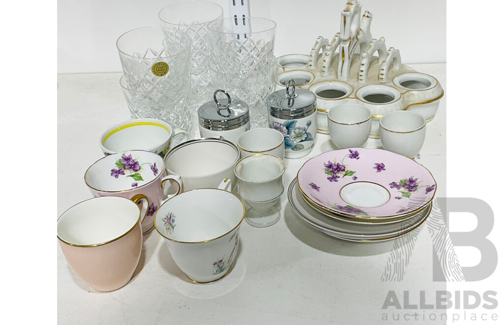 Collection of China and Cut Glass Homeware Including Royal Worcester Porcelain Egg Coddlers, Teacups and Saucers From Melba, Worcester and More