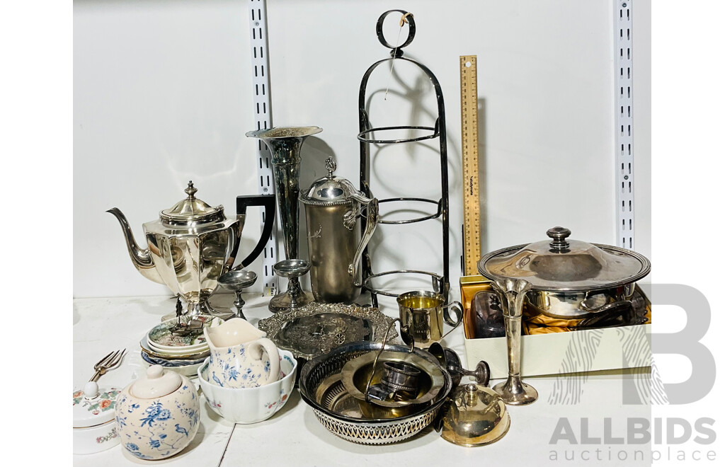 Collection of Metal Kitchenware Including Coffee Pot, Display Tray, Dishes and More