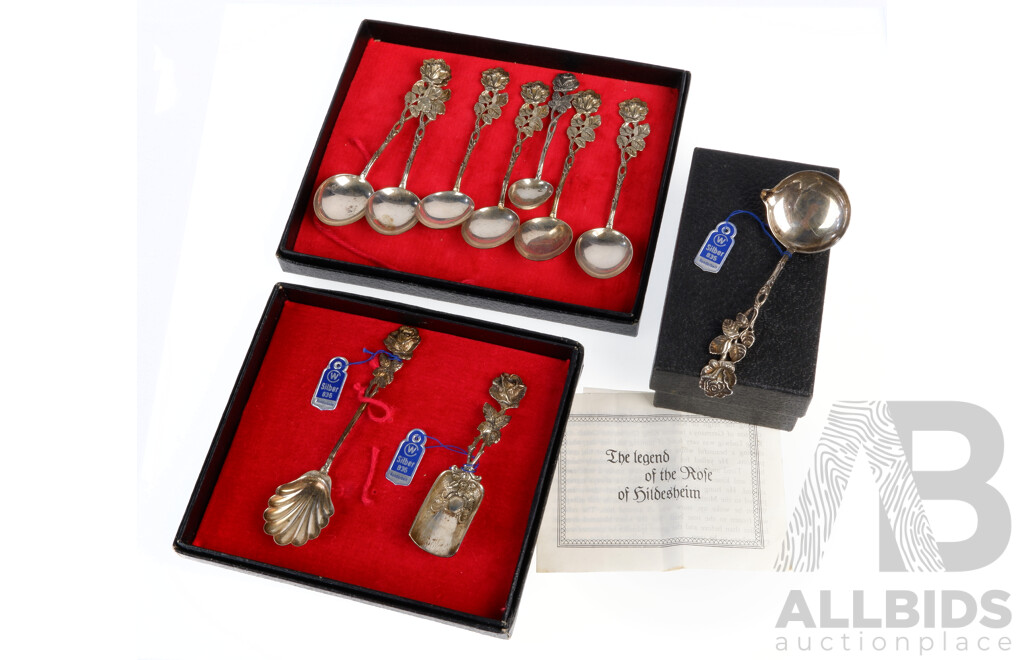 Set Six Rose of Hildeshiem Solid 825 Silver Teaspoon Set Along with One Mustard, Toddy & Jam Spoon,