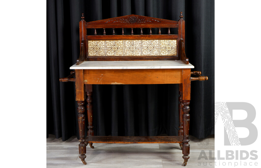 Edwardian Mahogany Marble Top Wash Stand with Tiled Back