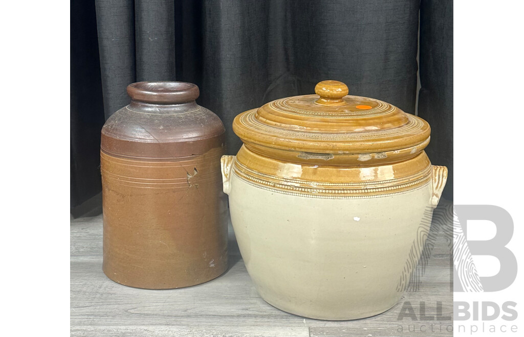 Antique Australian Pottery Crock with Lid, Number 3 Along with Antique Pottery Jar by Chester Holland & Rook, London