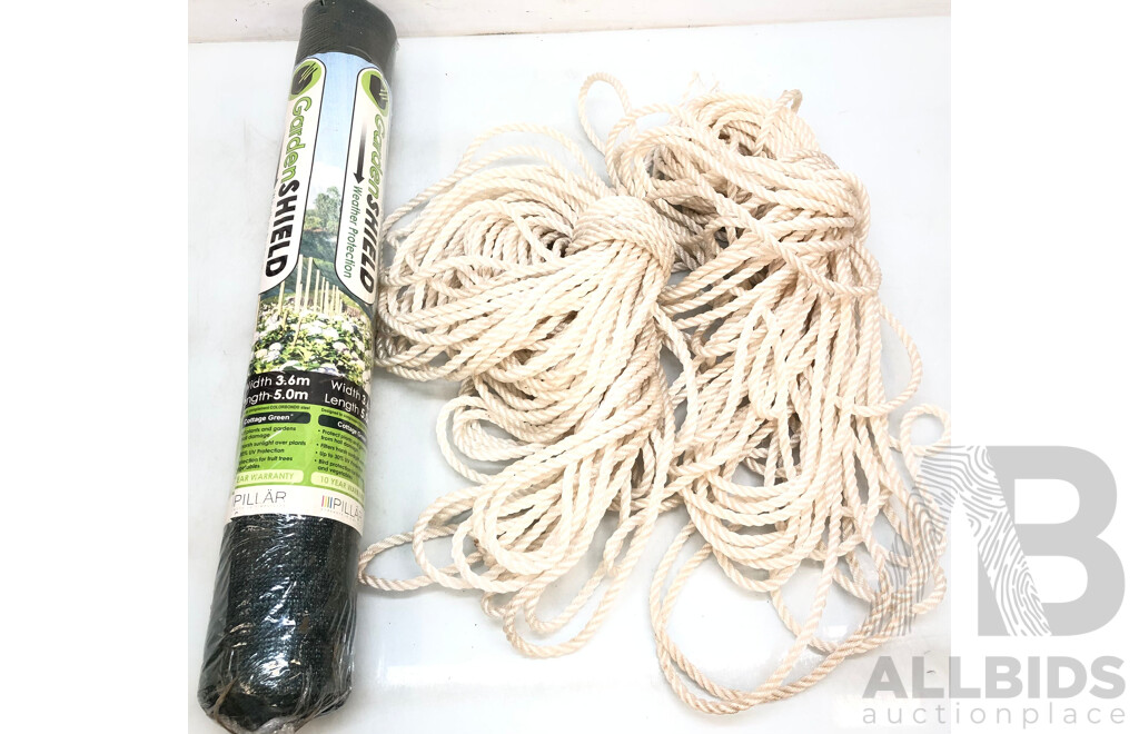 Roll of 3.6m Garden Shield Shade Cloth and Two Lengths of 10mm Nylon Rope