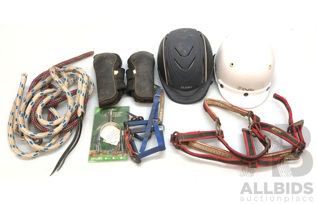 Dublin Skull Caps, Spurs,  Halters, Lead Ropes, Fetlock Boots, Mount Ease Mounting Block and Horse Whips and Crop