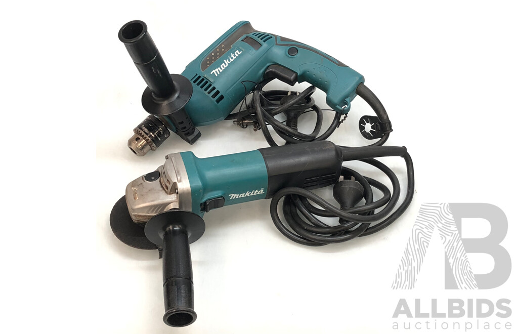 Makita 840 Watt 100mm Electric Angle Grinder and Makita 680 Watt Hammer Drill/Driver