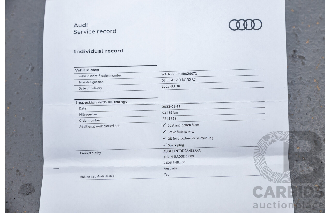 11/2016 Audi Q3 2.0 TFSI Sport Quattro (AWD) 8U MY17 4d Wagon Mythos Black Metallic Turbo 2.0L