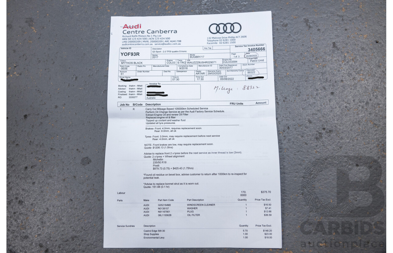 11/2016 Audi Q3 2.0 TFSI Sport Quattro (AWD) 8U MY17 4d Wagon Mythos Black Metallic Turbo 2.0L