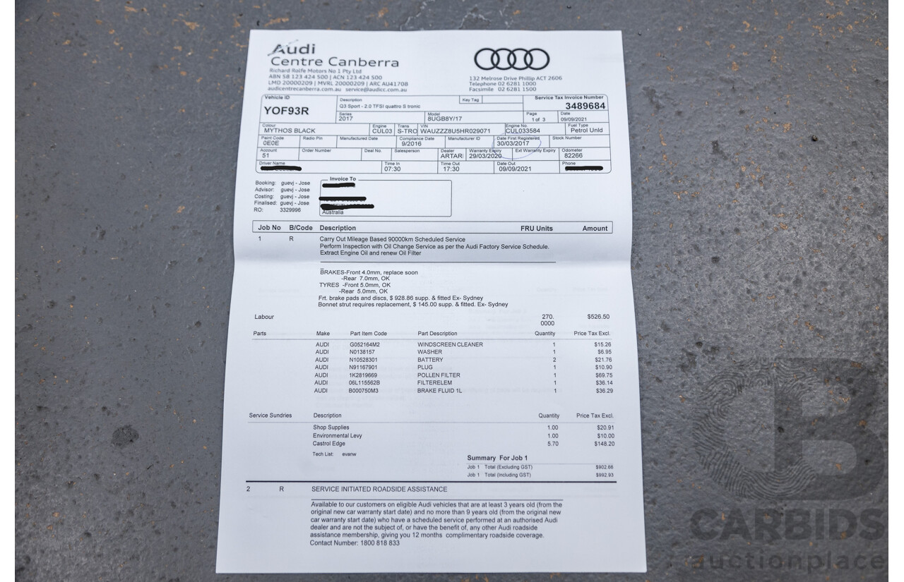 11/2016 Audi Q3 2.0 TFSI Sport Quattro (AWD) 8U MY17 4d Wagon Mythos Black Metallic Turbo 2.0L