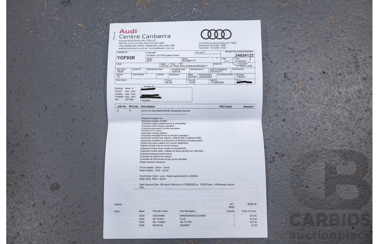 11/2016 Audi Q3 2.0 TFSI Sport Quattro (AWD) 8U MY17 4d Wagon Mythos Black Metallic Turbo 2.0L