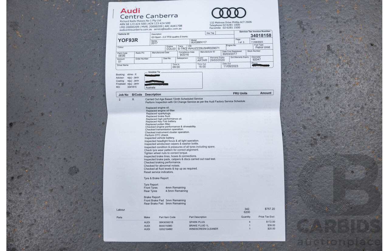 11/2016 Audi Q3 2.0 TFSI Sport Quattro (AWD) 8U MY17 4d Wagon Mythos Black Metallic Turbo 2.0L