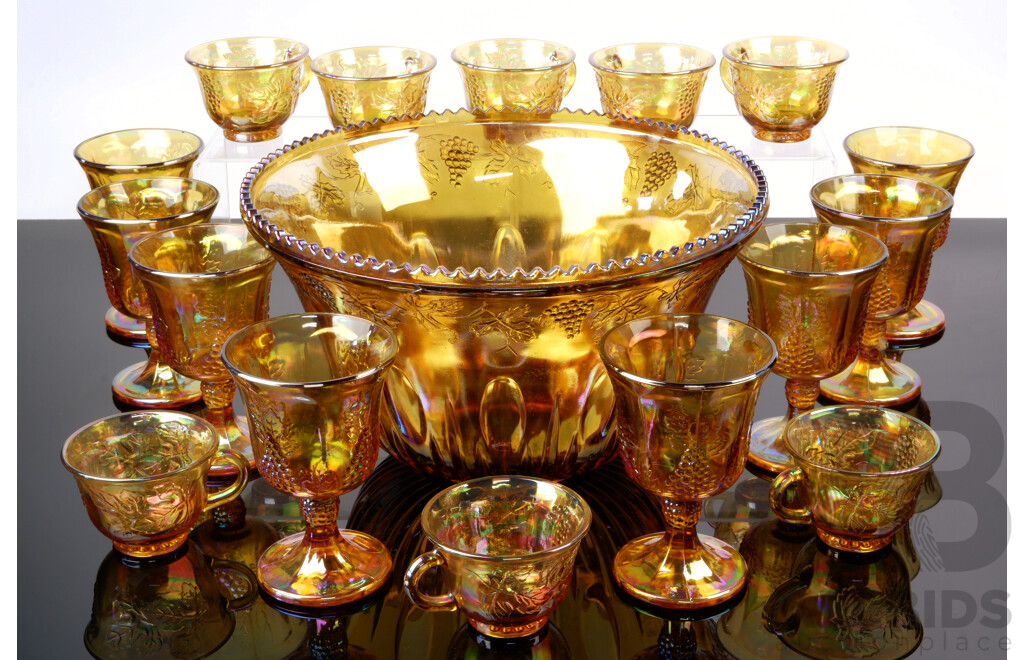 Carnivale Glass Marigold Colour Punch Set with Bowl, Eight Matching Cups & Eight Matching Stemmed Glasses