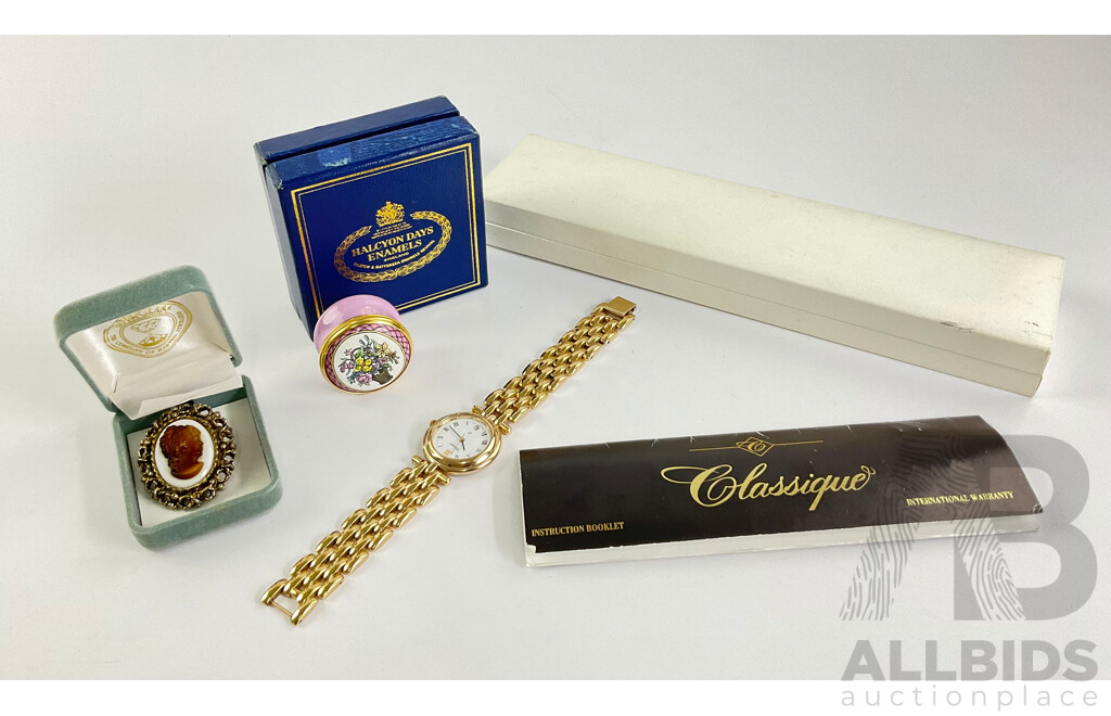 Classique Quartz Swiss Made Gold Tone Ladies Dress Watch and Halcyon Days Enamel Pill Box, Cameo