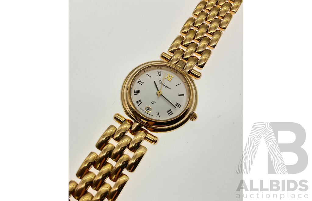 Classique Quartz Swiss Made Gold Tone Ladies Dress Watch and Halcyon Days Enamel Pill Box, Cameo