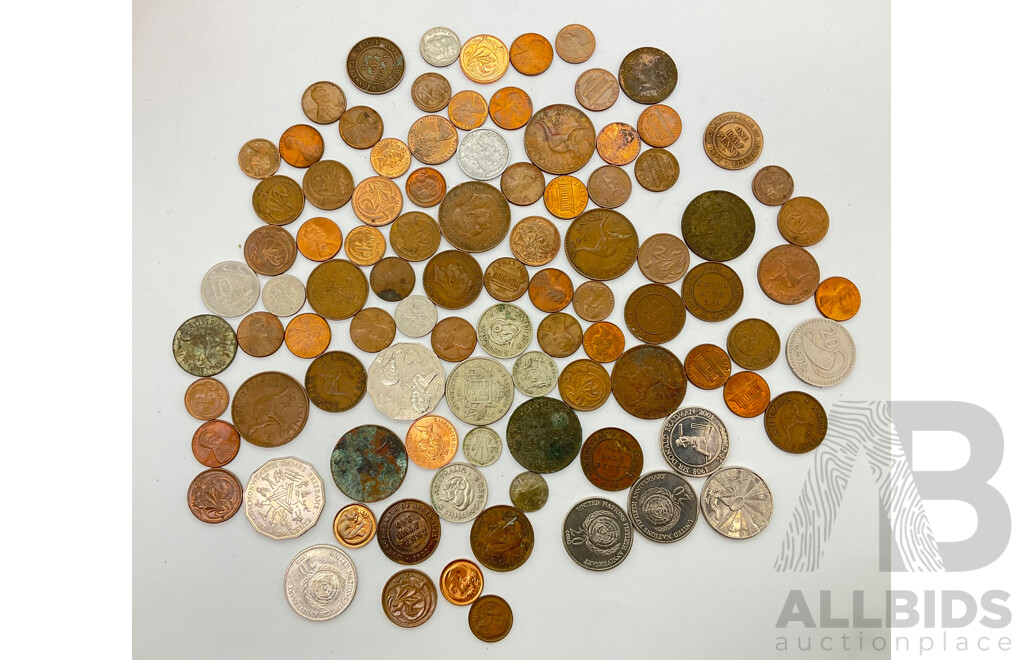 Collection of International Coins Including Australian Predecimal, Commemorative Fifty and Twenty Cent Coins, USA, Fiji, France, 1881 UK Penny