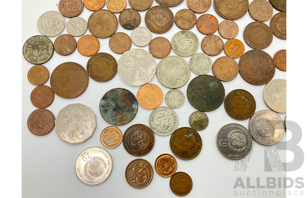 Collection of International Coins Including Australian Predecimal, Commemorative Fifty and Twenty Cent Coins, USA, Fiji, France, 1881 UK Penny