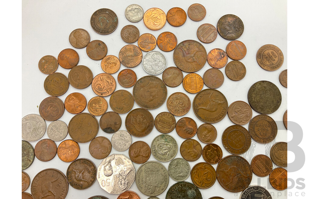 Collection of International Coins Including Australian Predecimal, Commemorative Fifty and Twenty Cent Coins, USA, Fiji, France, 1881 UK Penny