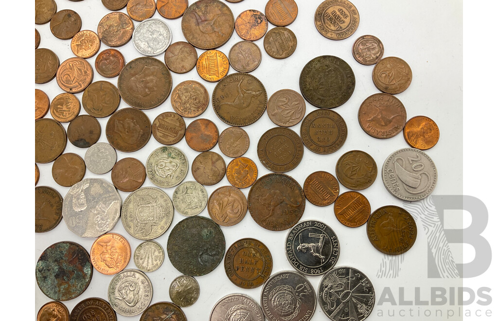 Collection of International Coins Including Australian Predecimal, Commemorative Fifty and Twenty Cent Coins, USA, Fiji, France, 1881 UK Penny