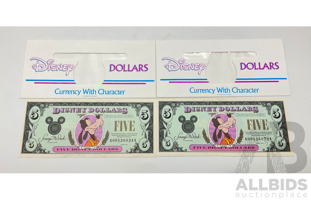 Two USA 1993 Disney Dollars Uncirculated Notes, Goofey Five Dollars