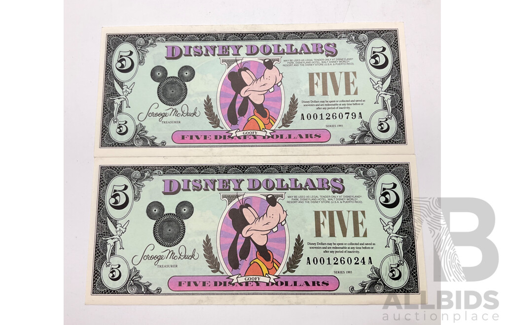 Two USA 1993 Disney Dollars Uncirculated Notes, Goofey Five Dollars