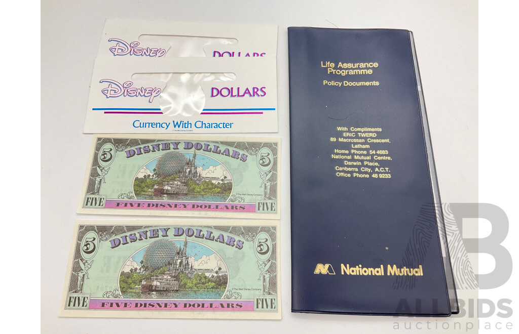 Two USA 1993 Disney Dollars Uncirculated Notes, Goofey Five Dollars