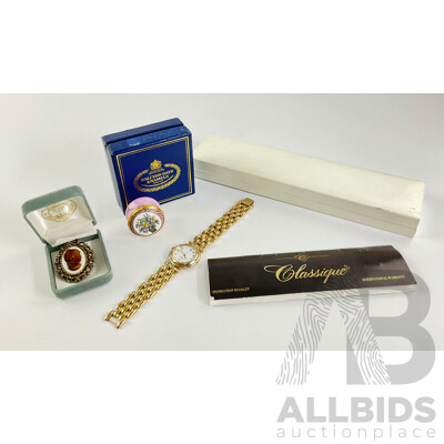 Classique Quartz Swiss Made Gold Tone Ladies Dress Watch and Halcyon Days Enamel Pill Box, Cameo