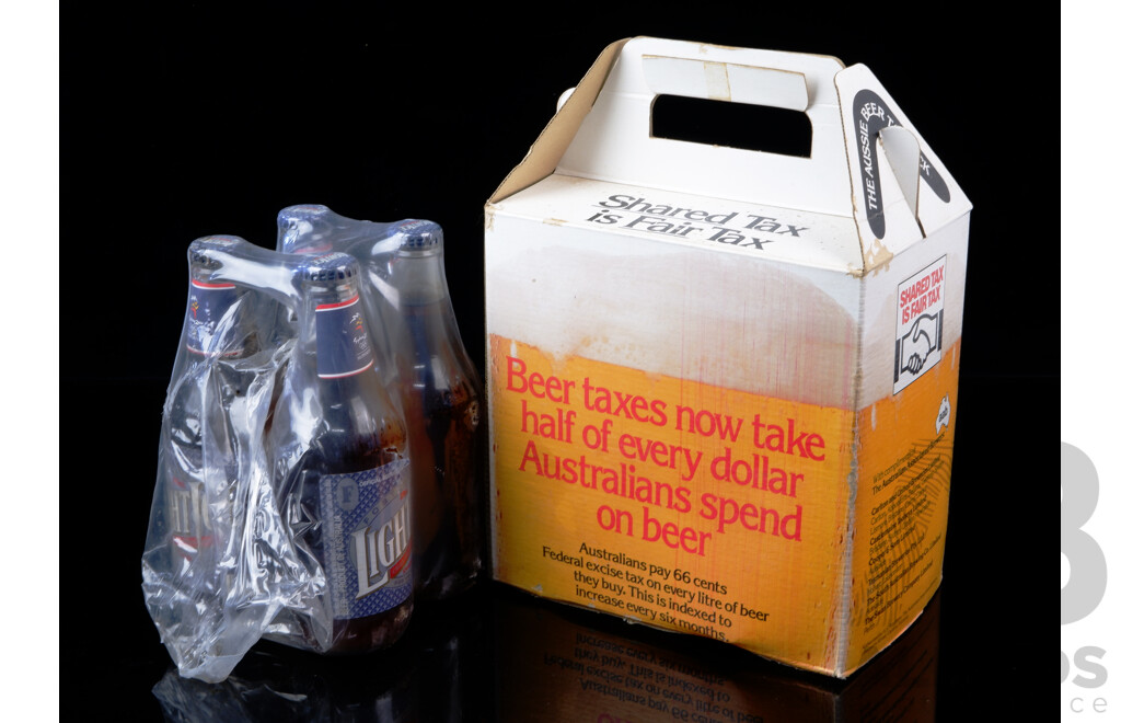 Rare 1983 Nine Beer Can Set Protesting the Raise in Beer Excise Tax in Original Box Along with Four Sydney 2000 Olympics Fosters Light Bees, Unopened