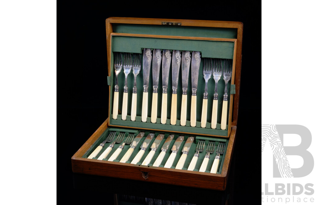 Antique 24 Piece Silver Plate Fish Service with Ivory Handles in Oak Canteen with Lift Out Tray