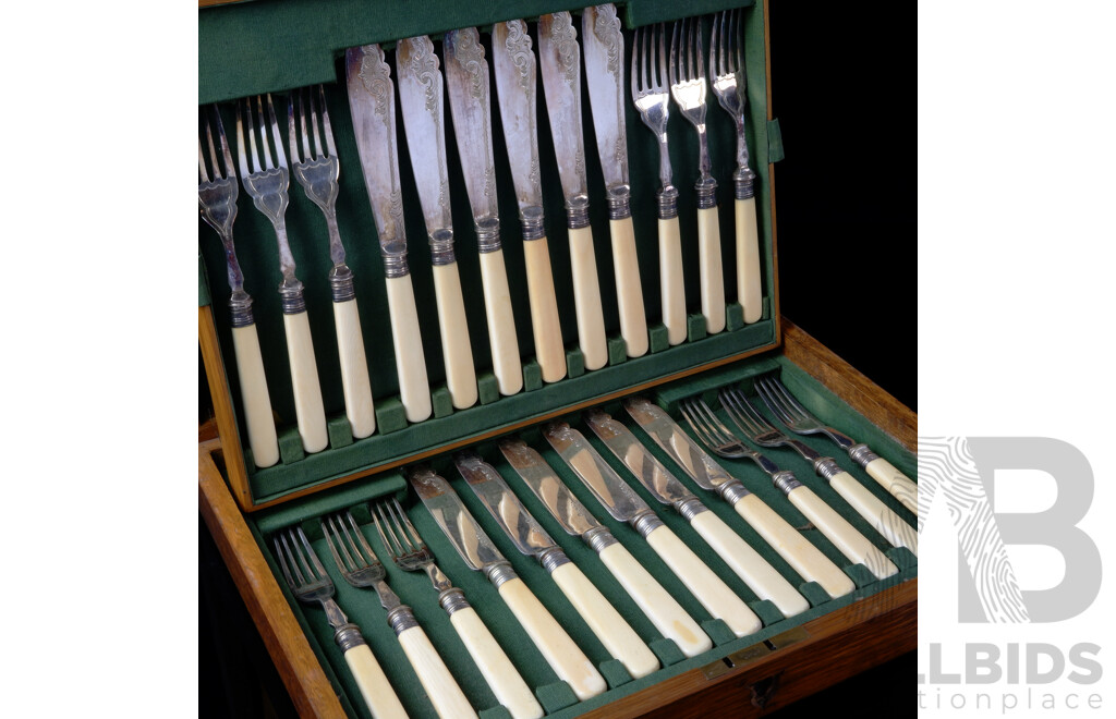 Antique 24 Piece Silver Plate Fish Service with Ivory Handles in Oak Canteen with Lift Out Tray