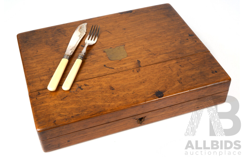 Antique 24 Piece Silver Plate Fish Service with Ivory Handles in Oak Canteen with Lift Out Tray