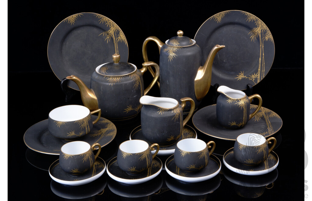 Vintage Japanese Koshida Kyoto Porcelain 18 Piece Tea Service with Lithophane Geisha Detail to Base of Cups and Hand Painted Gold Bamboo Motif