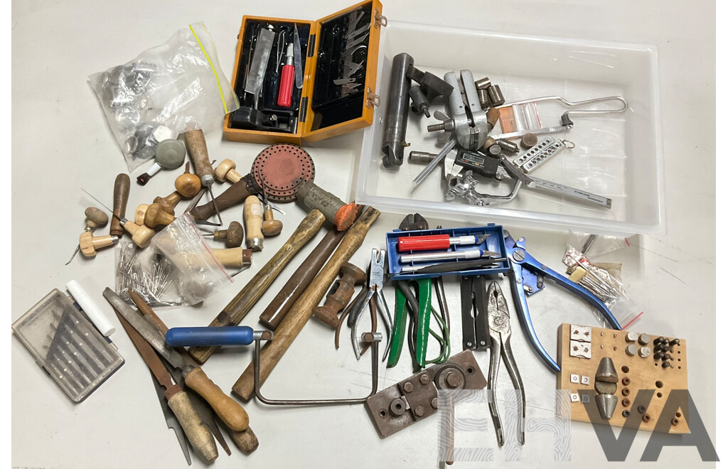 Collection of Traditional Jewellery Making Tools Including Dies, Pliers, Engraving Tools, Chrome Bar Trolley on Castors and More