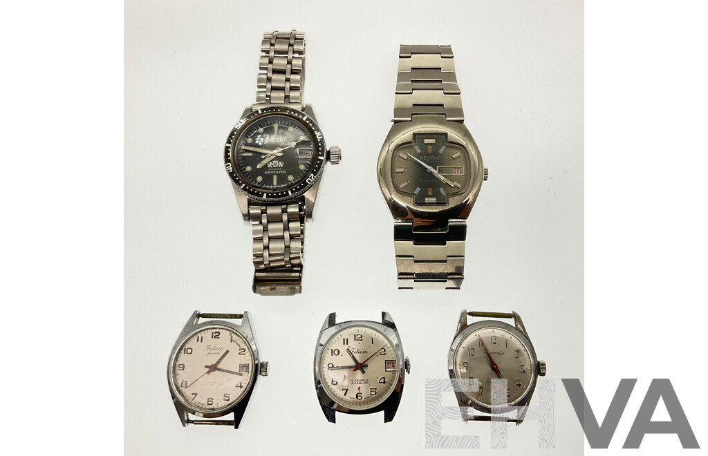 Five Men's Vintage Watches Including Felicia and Felicia Junior Seventeen Jewels, Swismatic Seventeen Jewel, Orient Matic Twenty One Jewel Skindiver and Regent Seventeen Jewel