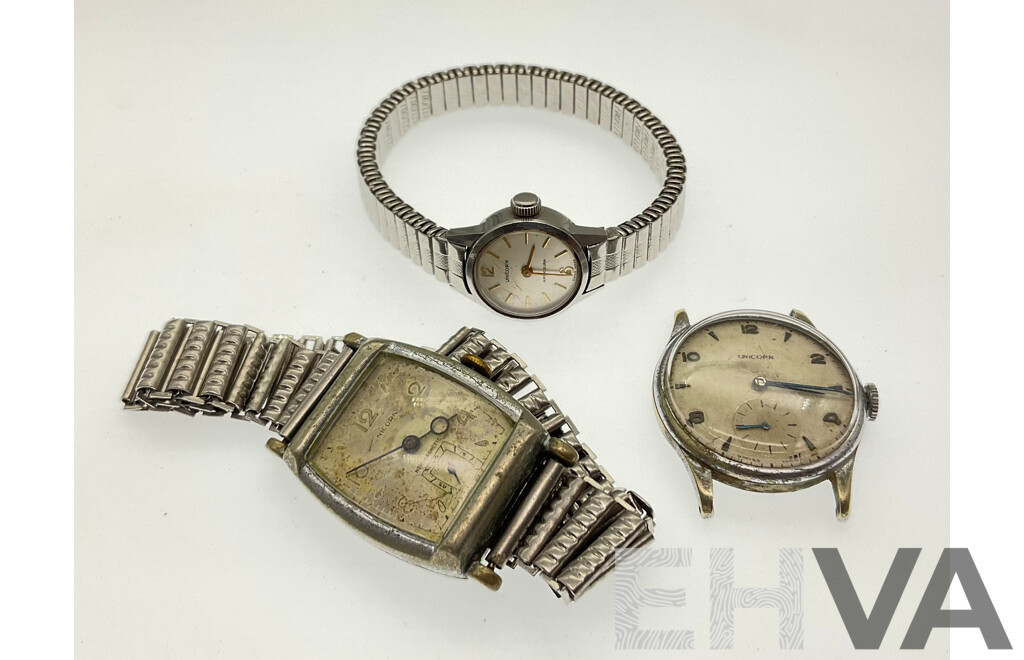 Three Vintage Unicorn Silver Tone Watches Including Amphibian, Swiss Made