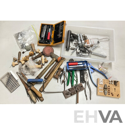 Collection of Traditional Jewellery Making Tools Including Dies, Pliers, Engraving Tools, Chrome Bar Trolley on Castors and More