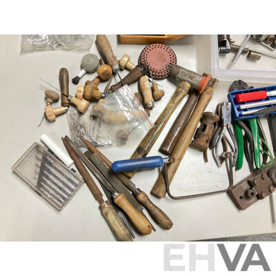 Collection of Traditional Jewellery Making Tools Including Dies, Pliers, Engraving Tools, Chrome Bar Trolley on Castors and More