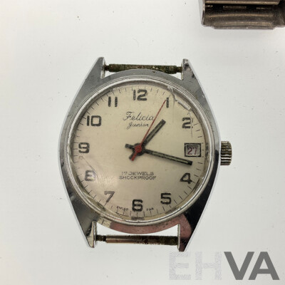 Five Men's Vintage Watches Including Felicia and Felicia Junior Seventeen Jewels, Swismatic Seventeen Jewel, Orient Matic Twenty One Jewel Skindiver and Regent Seventeen Jewel