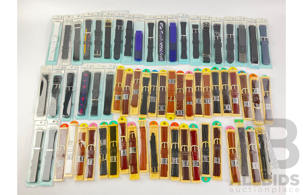 Collection of Duraflex Wrist Watch Straps in Original Packaging Including Men's, Women's, Leather and Rubber, Sizes 18-20