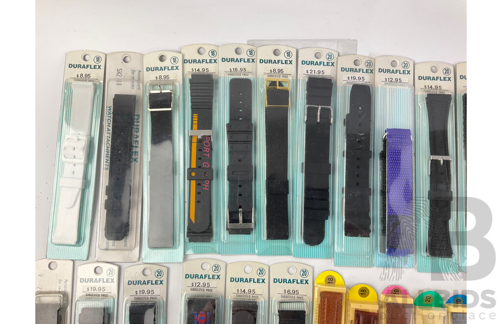 Collection of Duraflex Wrist Watch Straps in Original Packaging Including Men's, Women's, Leather and Rubber, Sizes 18-20