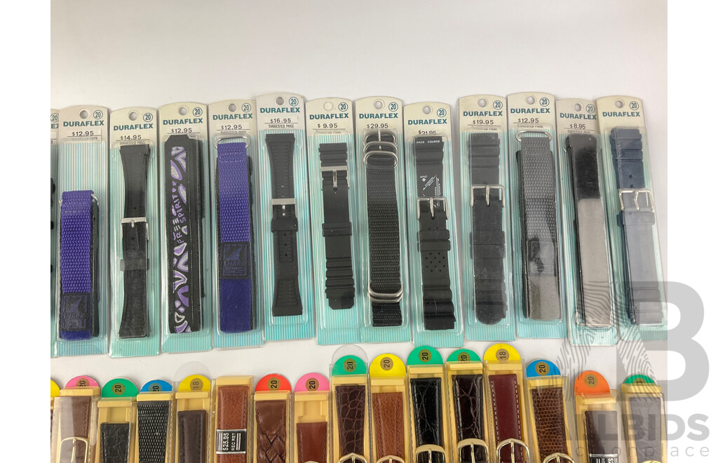 Collection of Duraflex Wrist Watch Straps in Original Packaging Including Men's, Women's, Leather and Rubber, Sizes 18-20