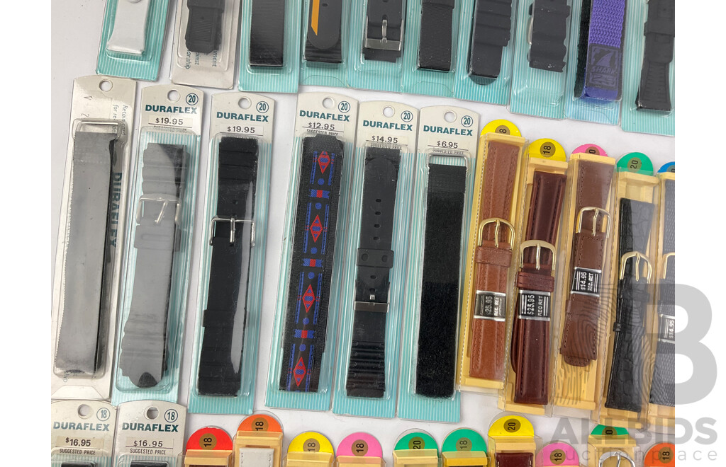 Collection of Duraflex Wrist Watch Straps in Original Packaging Including Men's, Women's, Leather and Rubber, Sizes 18-20