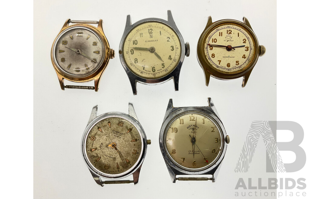 Collection of Vintage Swiss Made Watches for Repair or Parts Including Cyprus De Luxe, Rotary 565, Rocar, Ginebras