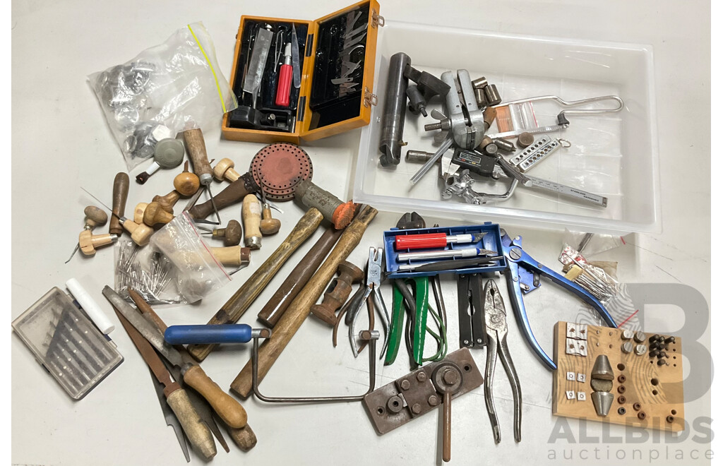 Collection of Traditional Jewellery Making Tools Including Dies, Pliers, Engraving Tools, Chrome Bar Trolley on Castors and More