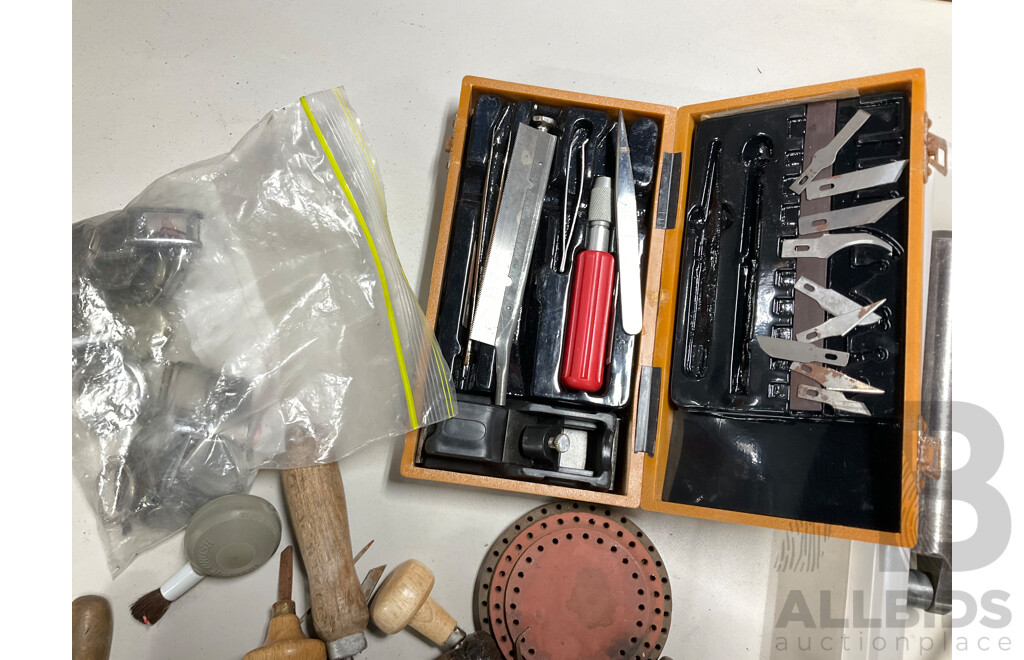 Collection of Traditional Jewellery Making Tools Including Dies, Pliers, Engraving Tools, Chrome Bar Trolley on Castors and More