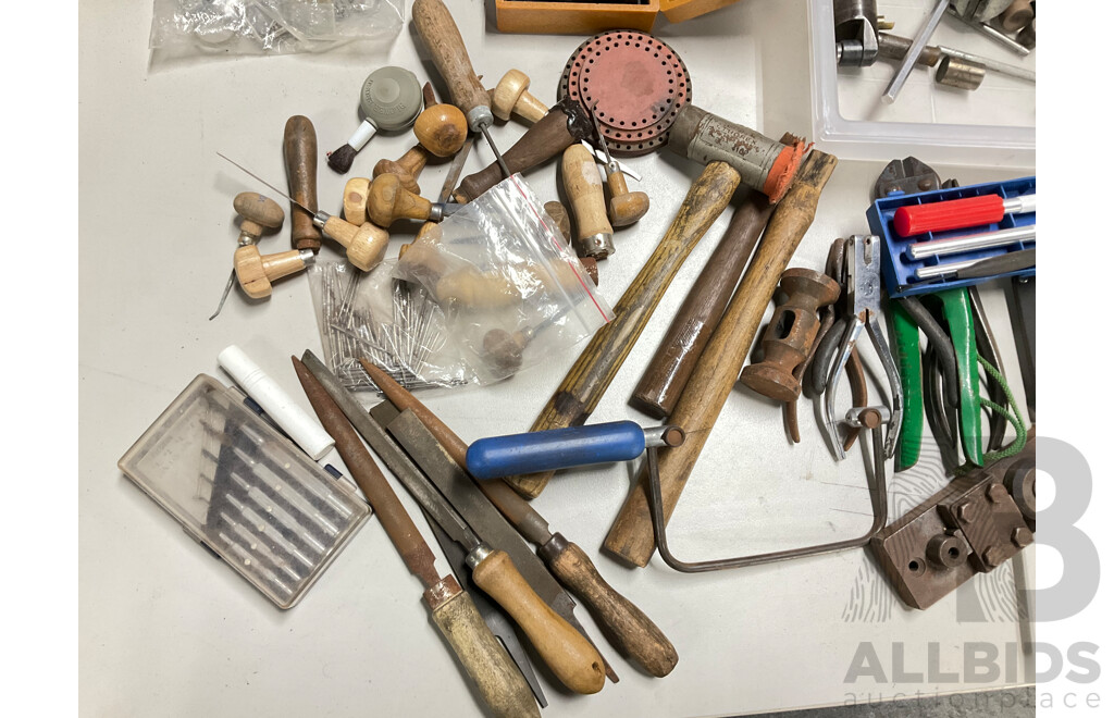 Collection of Traditional Jewellery Making Tools Including Dies, Pliers, Engraving Tools, Chrome Bar Trolley on Castors and More